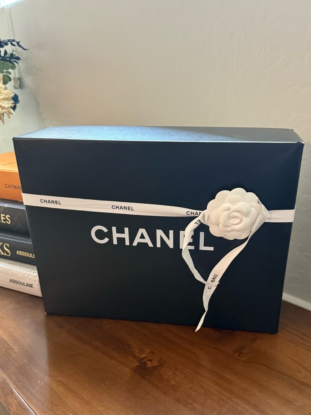 Authentic CHANEL Black Gift Box with White Ribbon and Camellia